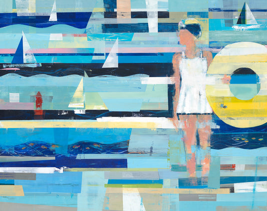 Whimsical beach art with life guard and  innertube