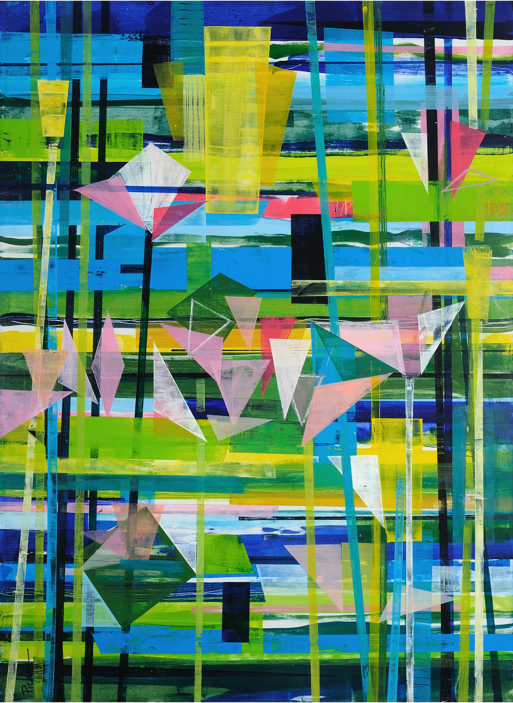 Abstract water lilies rising and floating in the wind. Colorful aquatic abstract painting.