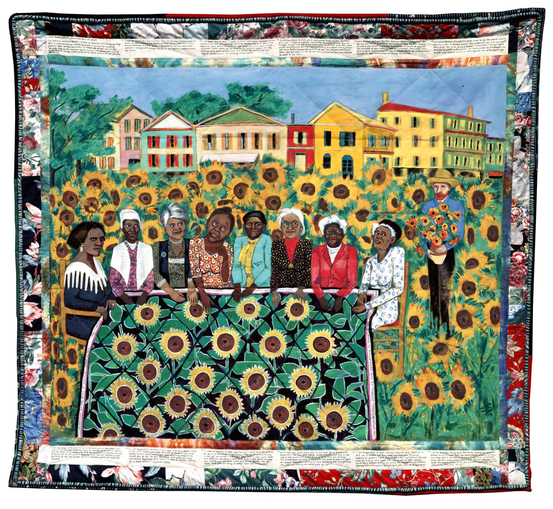 Faith Ringgold, “The French Collection Part I, #4: The Sunflowers Quilting Bee at Arles,” 1991, acrylic on canvas with pieced fabric border, 74″ × 80″. Private collection. © 2023 Faith Ringgold / Artists Rights Society (ARS), New York.