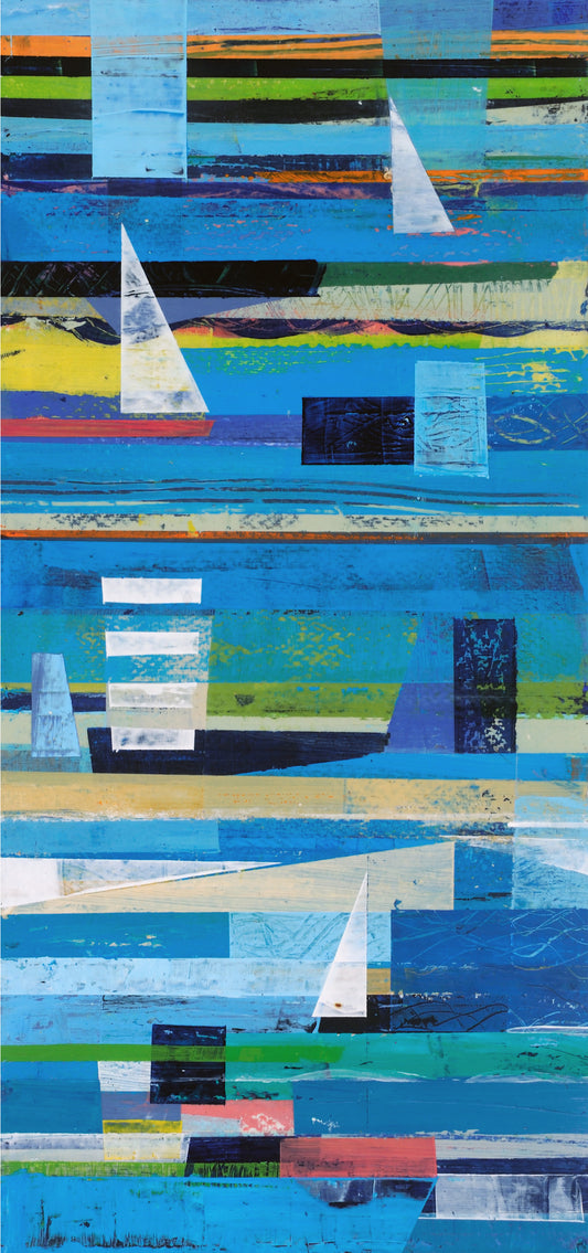 Beachy abstract painting with sails and stripes