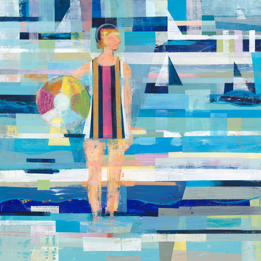 abstract beach painting with female beach ball player